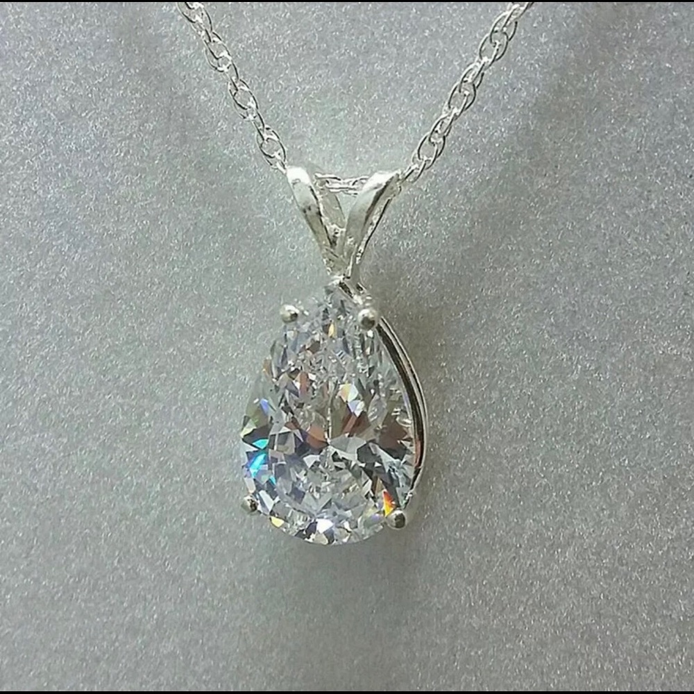 Silver Pear Shape Diamond Cubic Zirconia Pendant Necklace